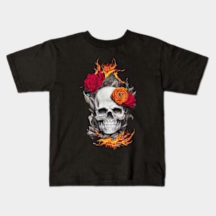 Flaming Skull and Roses Kids T-Shirt